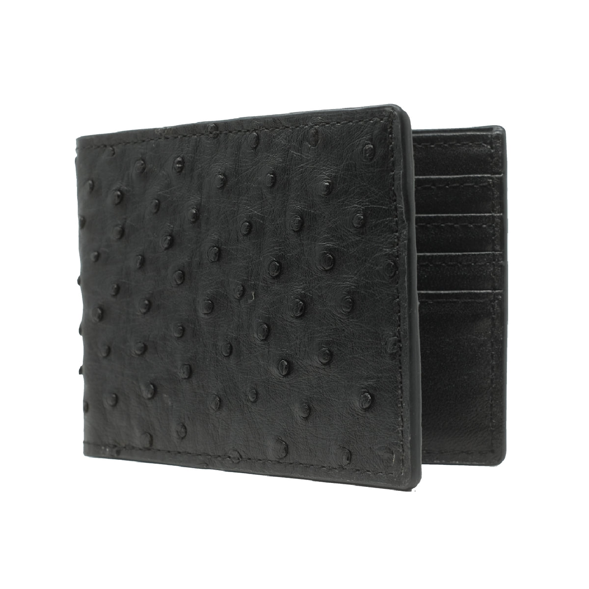 Black ostrich-patterned leather wallet on a white background